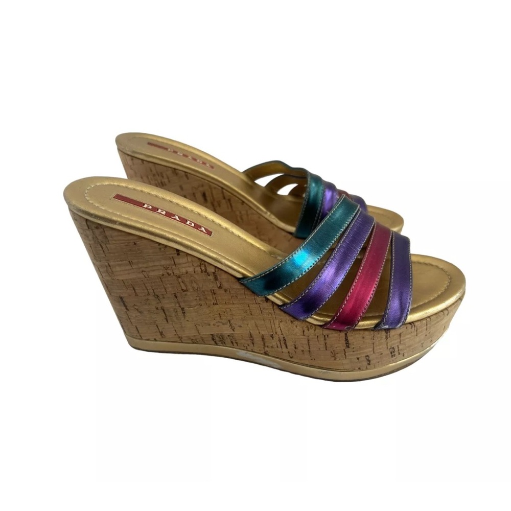 Prada Multi Metallic Rainbow Cork Wedge Sandals Size 5.5